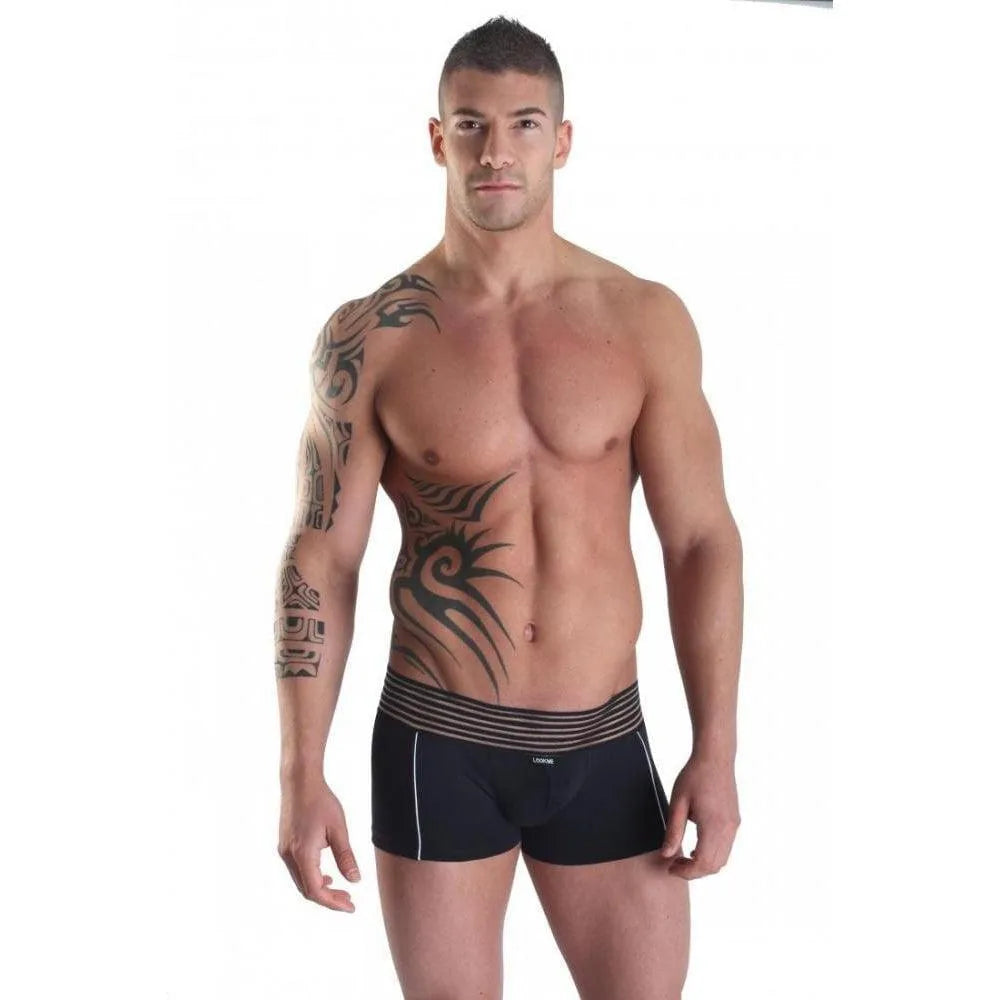 boxer homme élasthanne noir ceinture large rayures horizontales opaques transparentes verticales blanches côtés avant dos coupe ajustée matière extensible confort