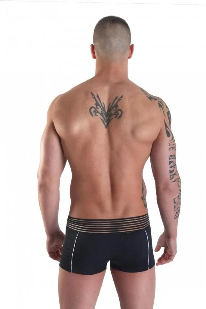 Boxer homme noir élasthanne, ceinture large rayures opaques, verticales blanches côtés, coupe ajustée, dos visible.