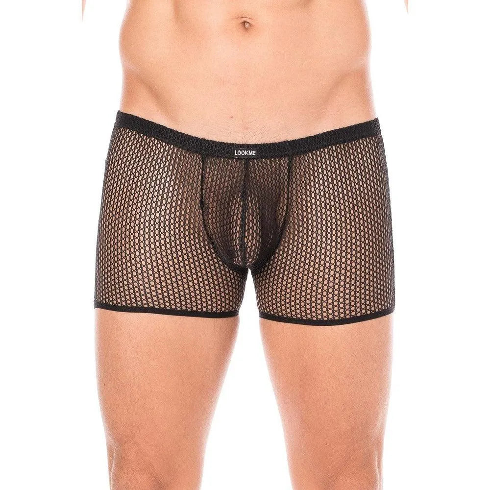 Boxer homme filet noir sexy audacieux provocateur séduction confortable extensible élasthanne polyamide maille motifs réguliers ajusté respirant élégant
