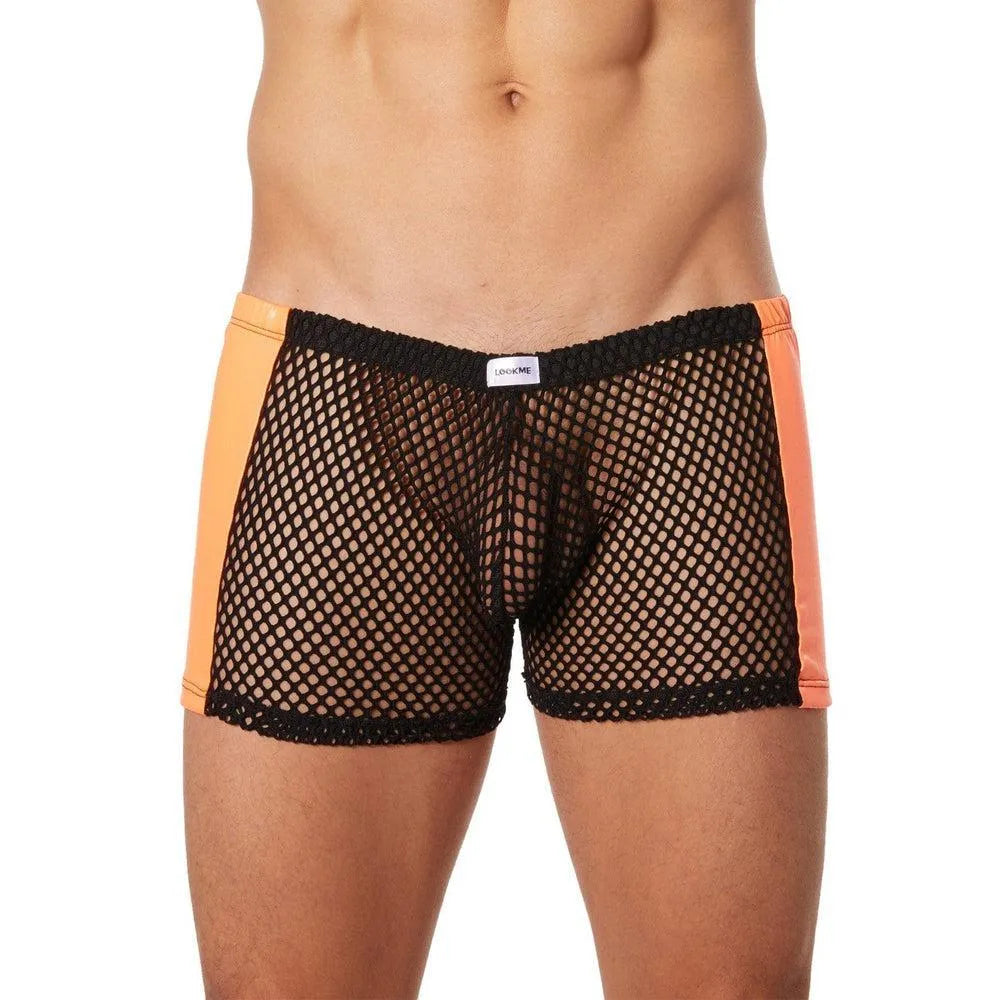Boxer Homme Filet Noir Simili Cuir Sexy Respirant Ajustement Élastique Silhouette Sublimant Côtés Sophistiqués Nylon Élasthanne Confort Érotique Audacieux