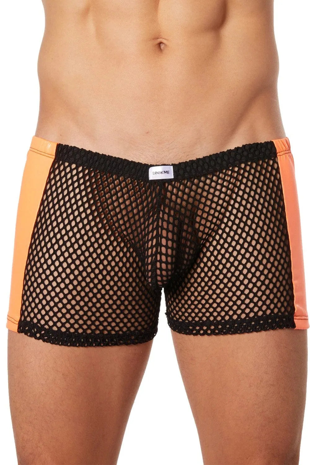 Boxer homme noir filet et simili cuir, ajustement élastique, côtés sophistiqués, style sexy et respirant.