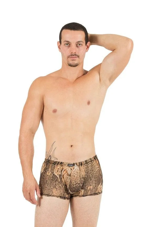 Boxer homme imprimé félin marron, ajusté, en polyester élasthanne, confortable et extensible, porté par un modèle masculin.