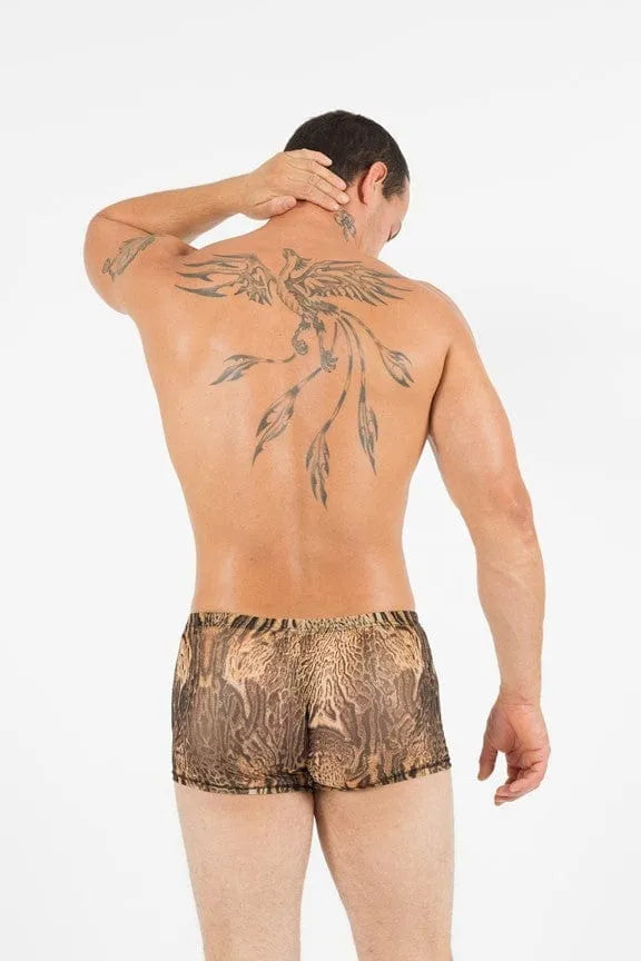 Boxer homme imprimé félin, polyester élasthanne, ajustement moderne, motif audacieux, confort et style assurés.