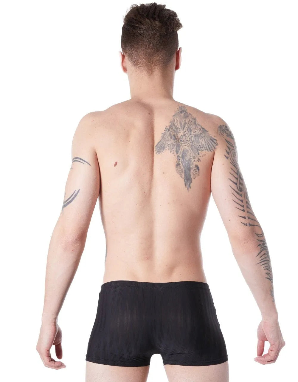 Boxer homme noir moulant, rayures ton sur ton, ceinture plate, extensible, élégant et confortable, dos visible.