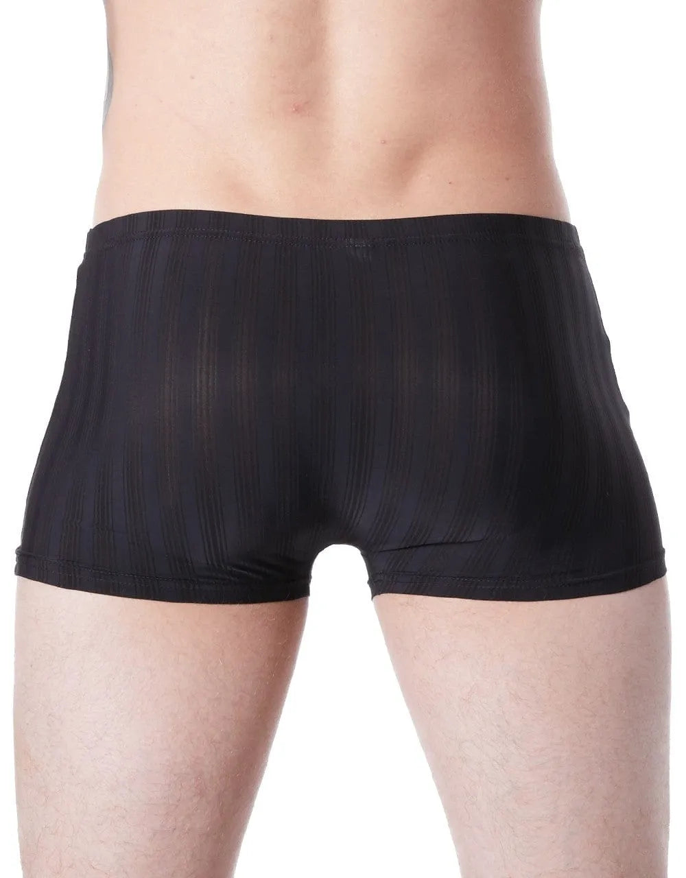 Boxer homme noir moulant, rayures ton sur ton, ceinture plate, tissu extensible polyester-élasthanne, vue arrière.