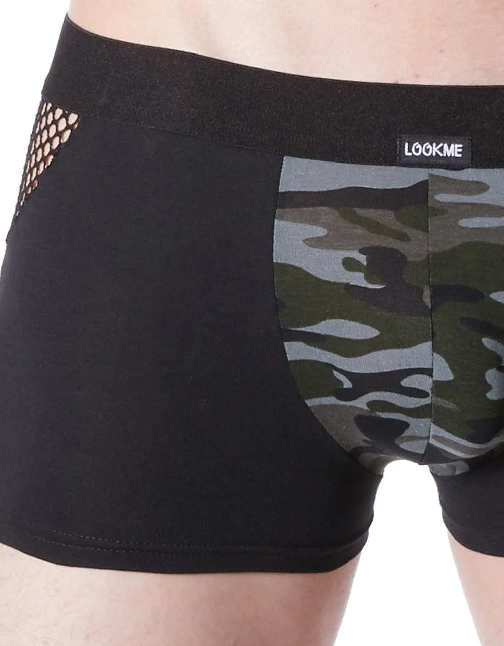 Boxer homme noir camouflage, résille latérale, coton confortable, ceinture élastique, design moderne et sexy.