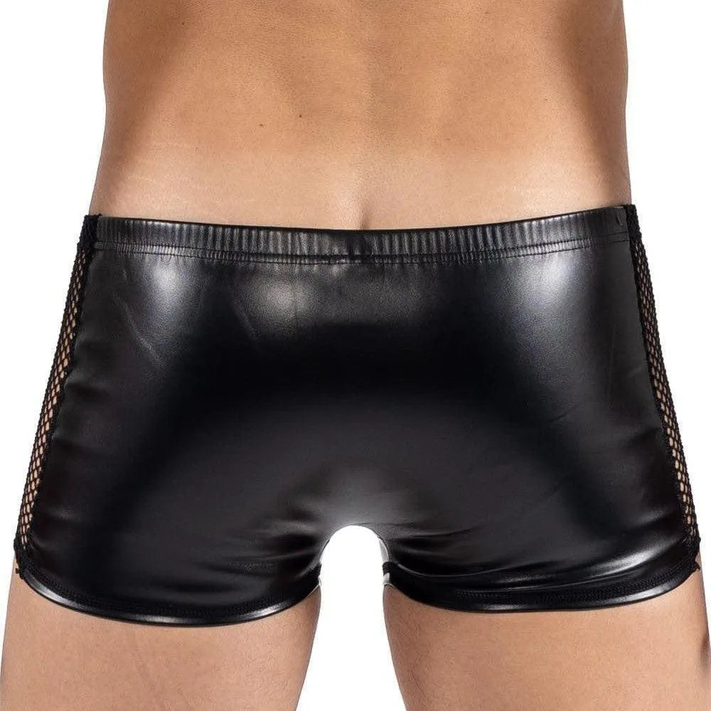 Boxer homme noir simili cuir, résille brodée sur les côtés, style audacieux et sophistiqué, polyester confortable.