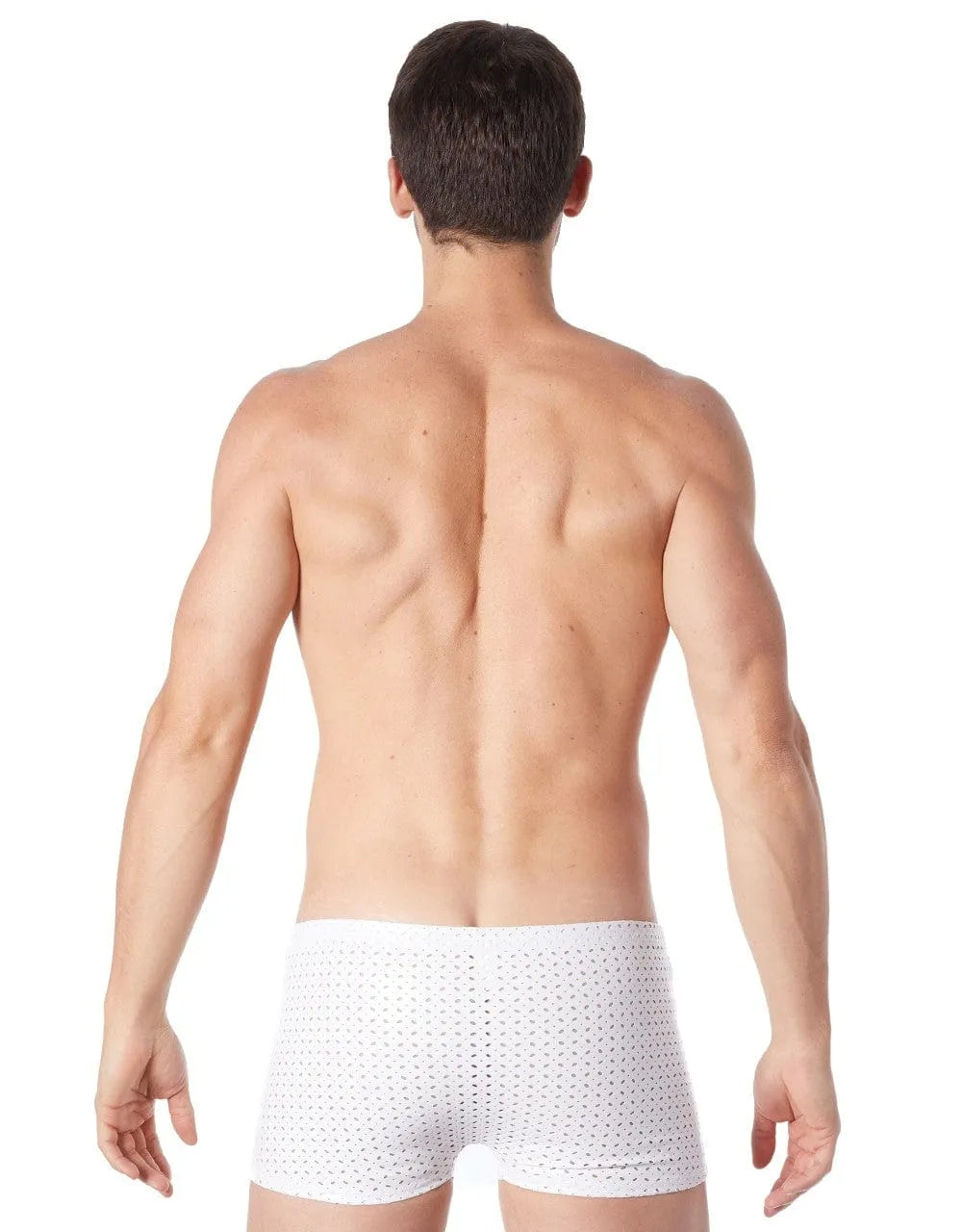 Boxer homme blanc vinyle ajouré, moulant et sexy, avec petits trous discrets, en polyester confortable et luxueux.