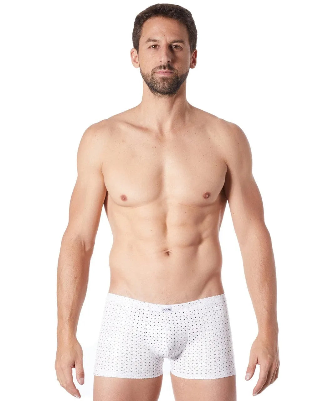 Boxer homme blanc moulant en vinyle ajouré, petits trous discrets, style sexy et luxueux, polyester confortable.