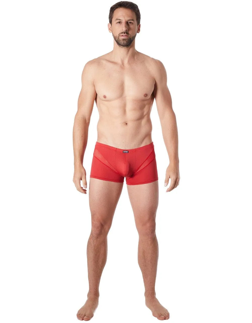 Boxer homme rouge sexy, coupe confortable, bandes en V résille, polyester élasthanne, style glamour et doux.