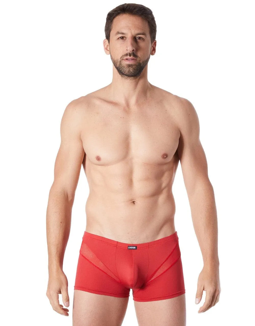 Boxer homme rouge sexy, coupe confortable, bandes en V résille, polyester élasthanne, style glamour et doux.