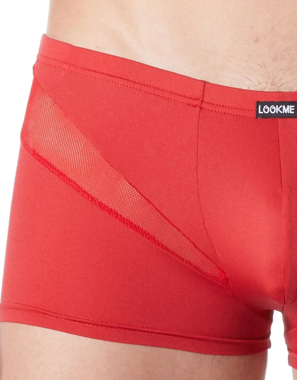 Boxer homme rouge sexy en polyester, coupe confortable avec bandes en V en résille, style glamour et séduisant.