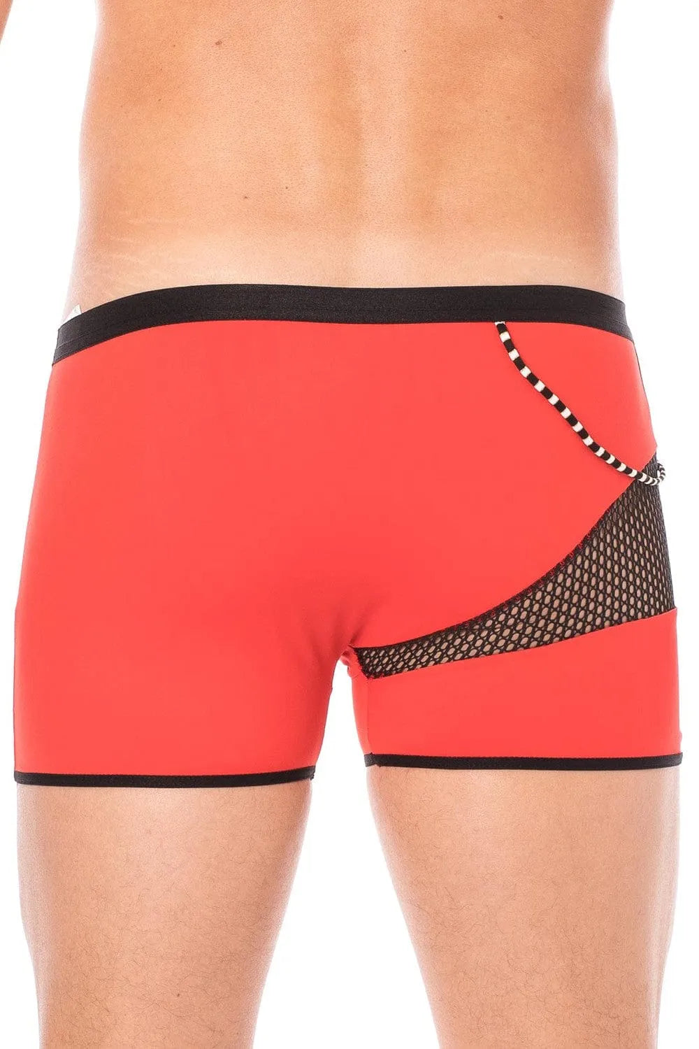 Boxer homme rouge moulant, design urbain, filet latéral, cordelette, polyamide élasthanne, look sexy et branché.