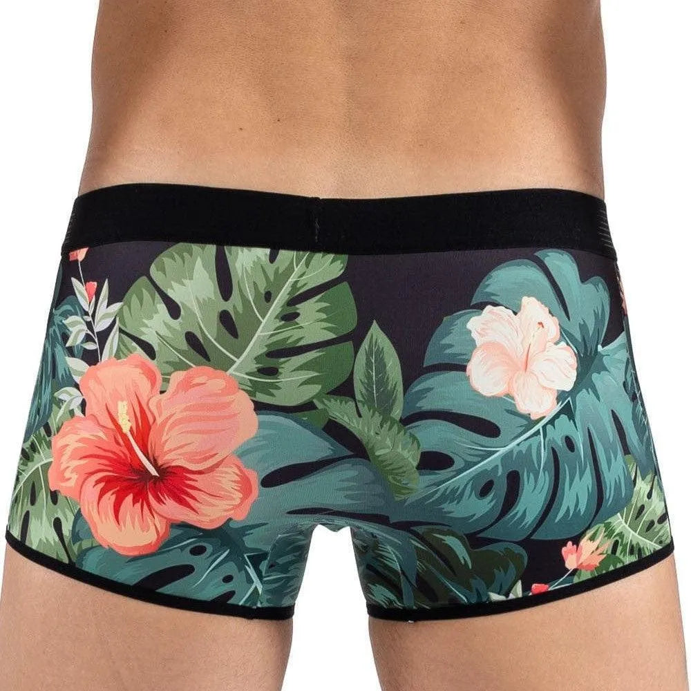 Boxer homme imprimé jungle floral rouge, ceinture élastiquée noire, ajustement parfait, Lookme, polyester élasthanne.