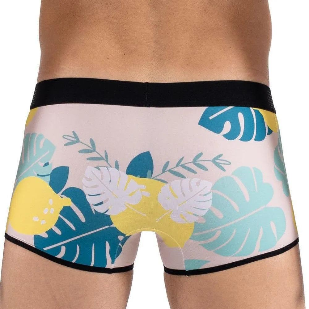 Boxer homme imprimé savane citron, fond pastel, ceinture élastiquée noire logo LOOKME, motifs feuilles et citrons.