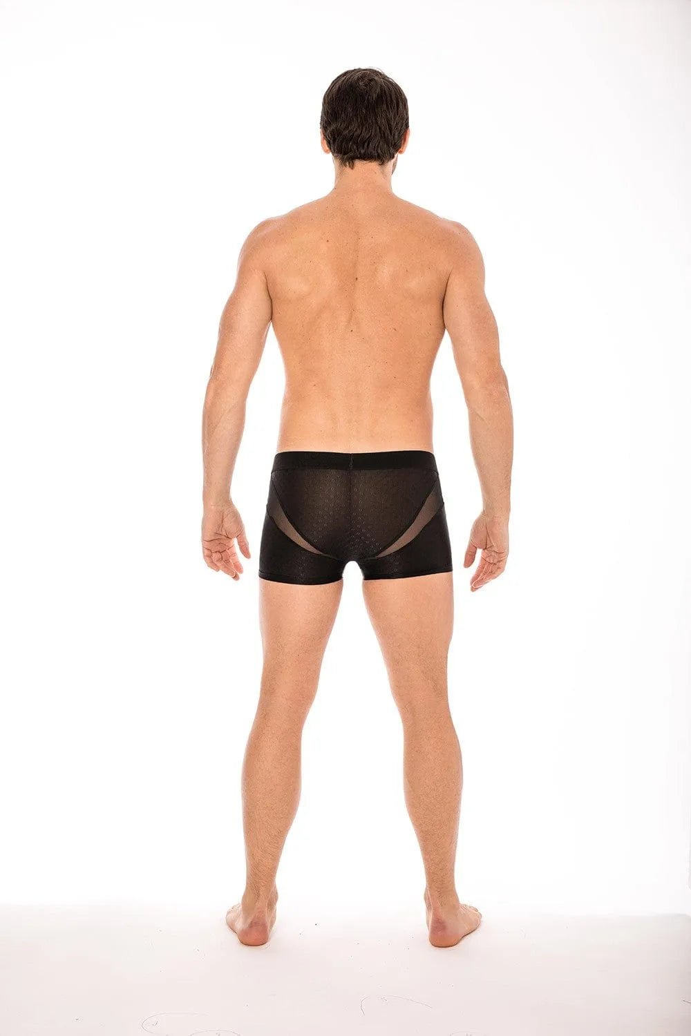 Boxer moulant noir avec résille transparente, ceinture élastique LOOKME, coupe ajustée, tissu opaque devant et derrière.