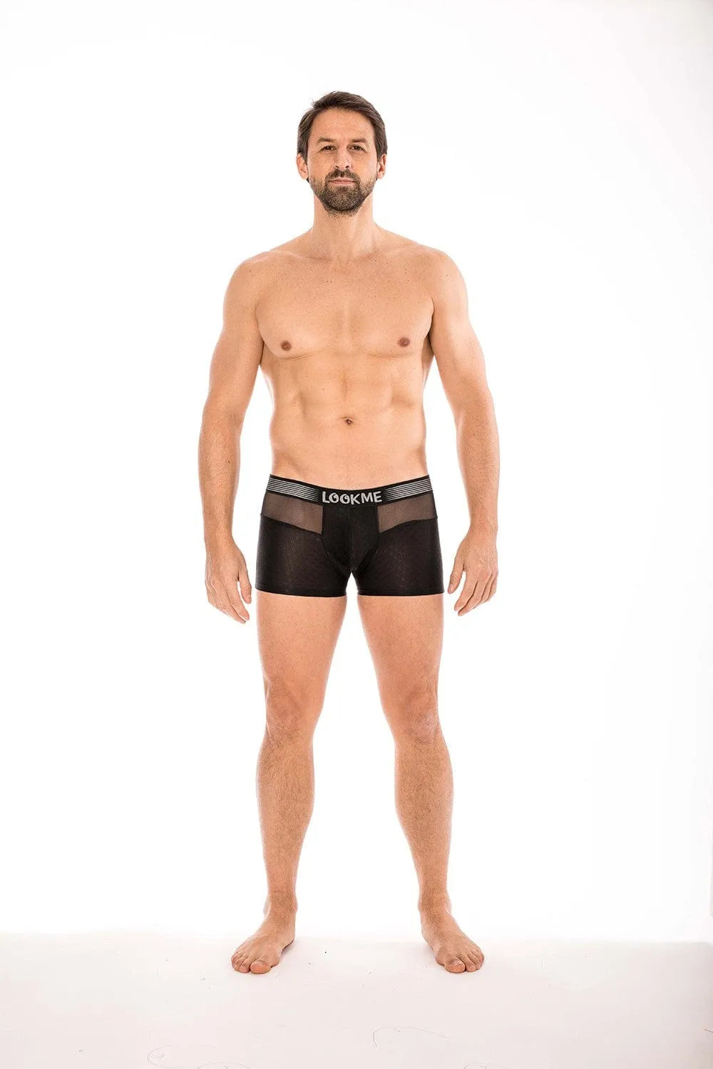 Boxer moulant noir LOOKME, ceinture élastique large, résille transparente, tissu opaque, coupe confortable et durable.