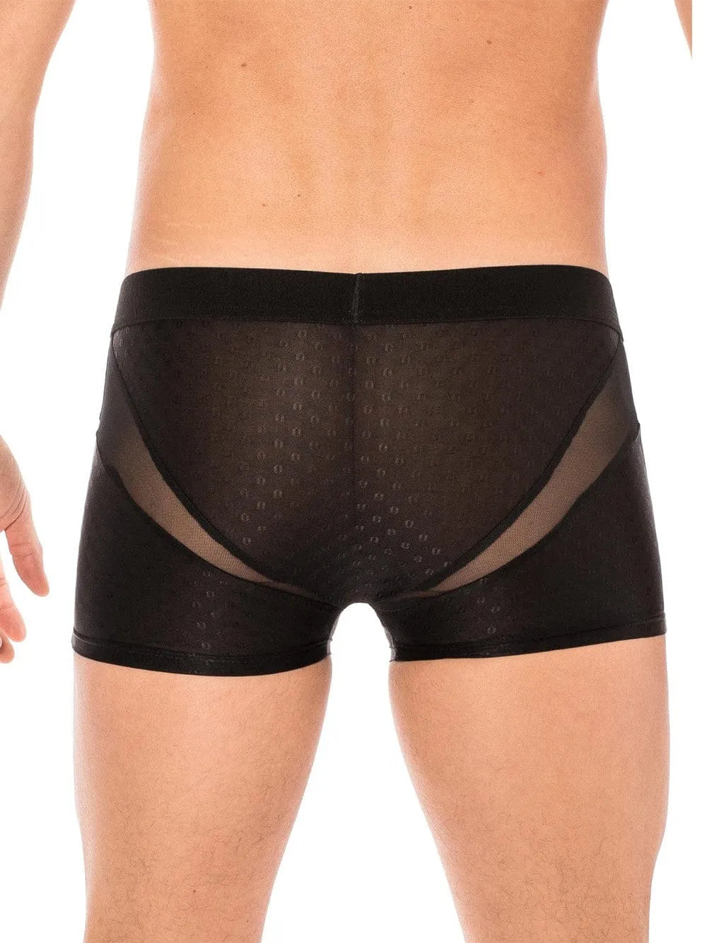 Boxer moulant noir avec résille transparente, ceinture élastique large, inscription LOOKME, tissu opaque devant et derrière.