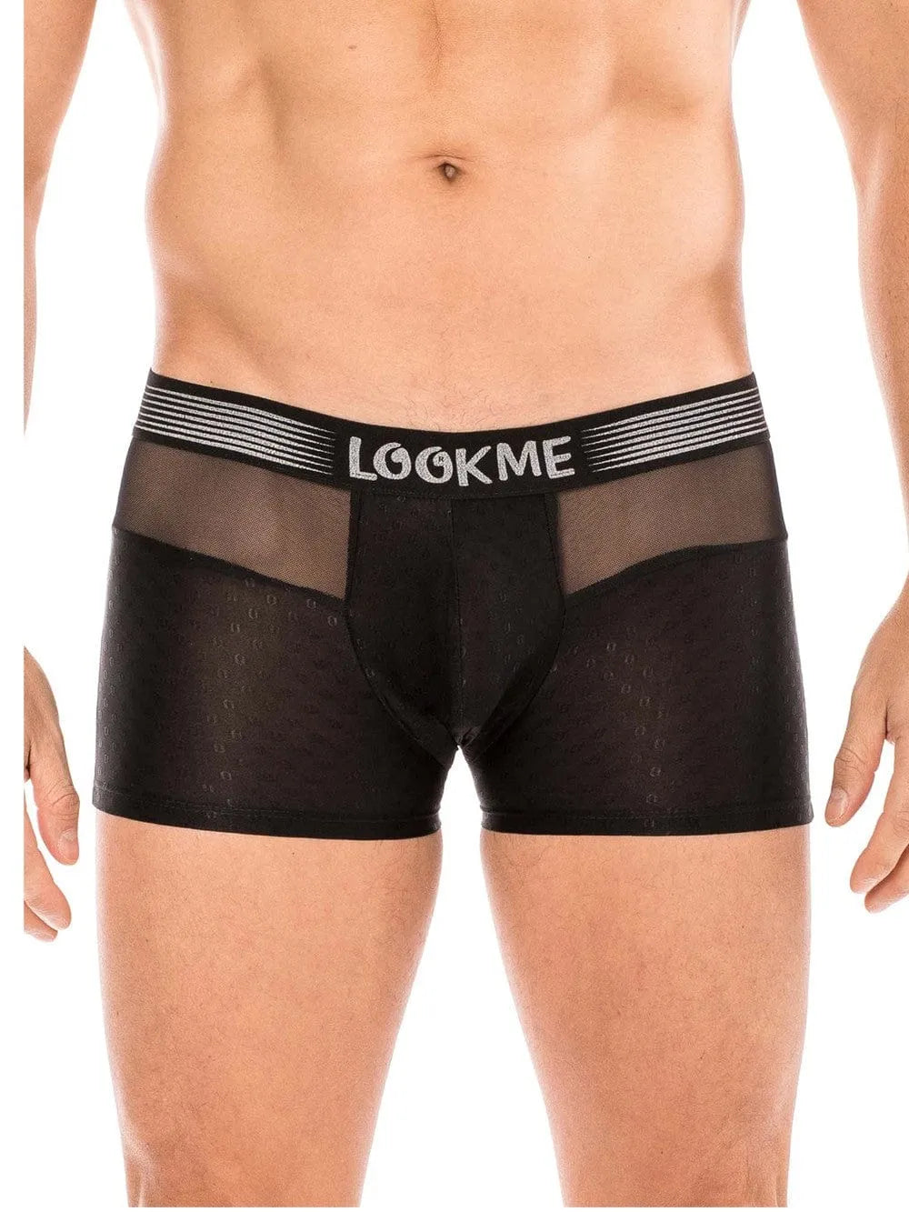 Boxer moulant noir LOOKME, résille transparente, ceinture élastique large, tissu opaque devant, style et confort.