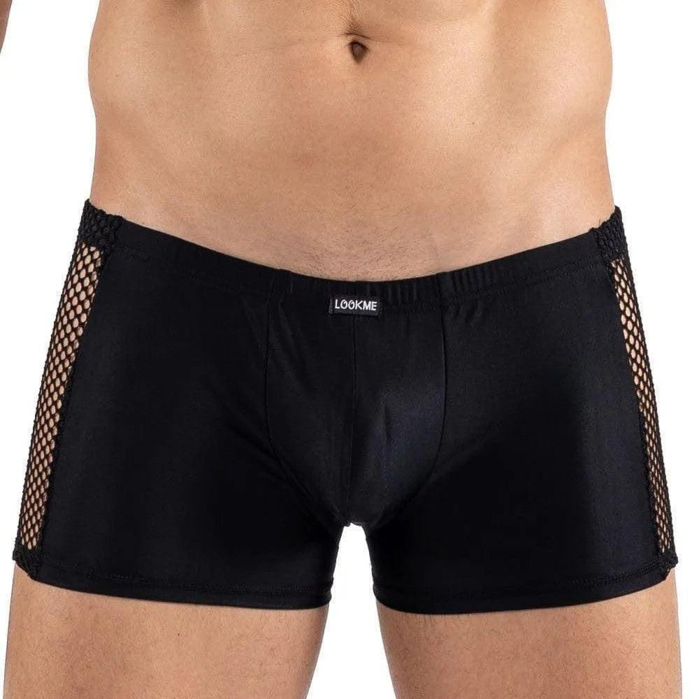 Boxer noir homme résille brodée latérale sensualité confortable extensible polyamide elasthanne opaque avant virilité raffiné élégant
