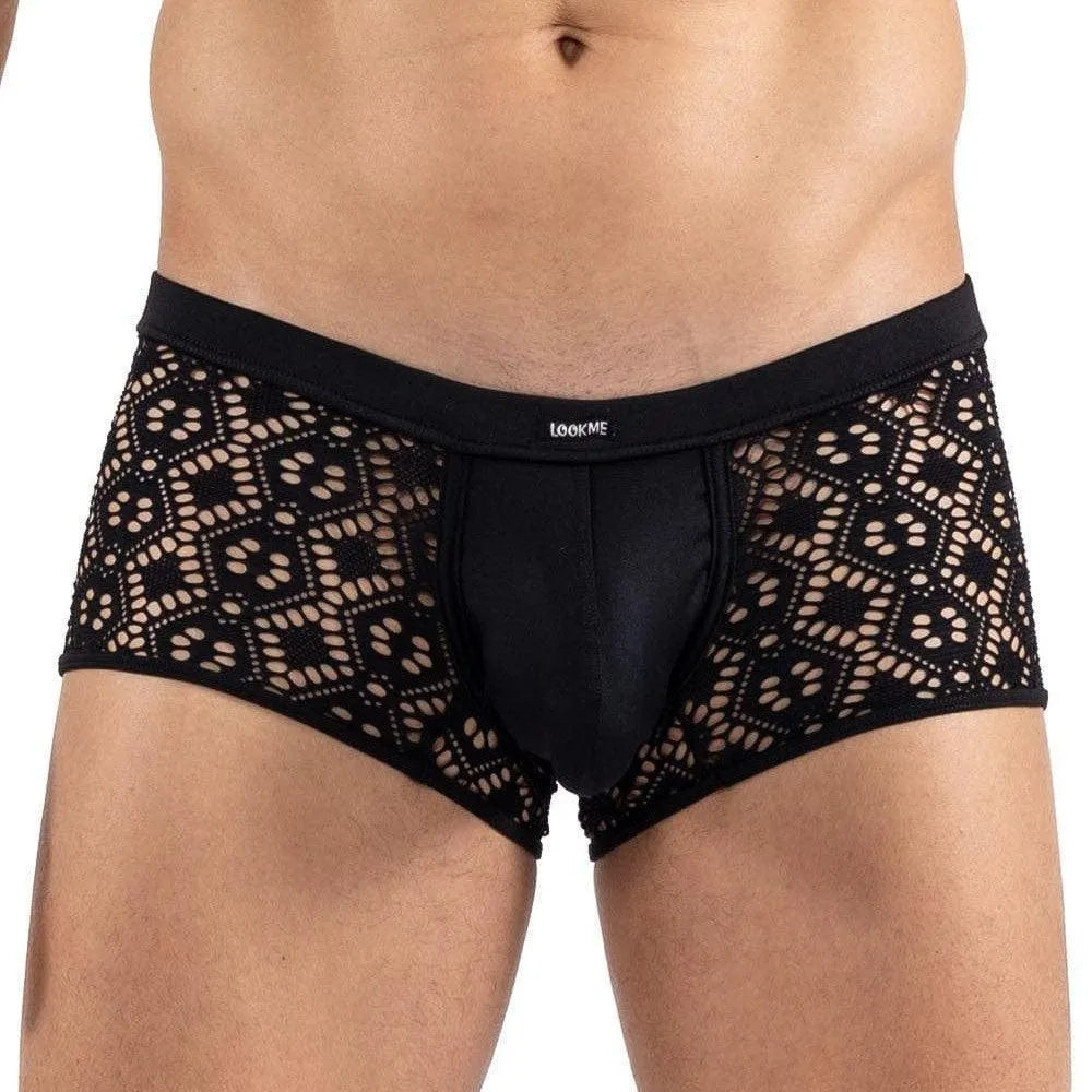 boxer noir résille brodée sensualité masculine matière souple confortable coupe ajustée broderie délicate motifs asymétriques maintien optimal raffiné durable