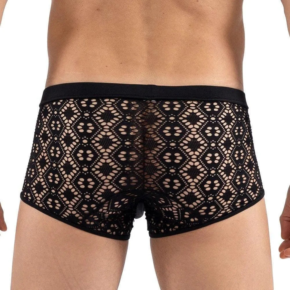 Boxer noir résille brodée motifs asymétriques, coupe ajustée, sensualité masculine, maintien optimal, collection Shinny.