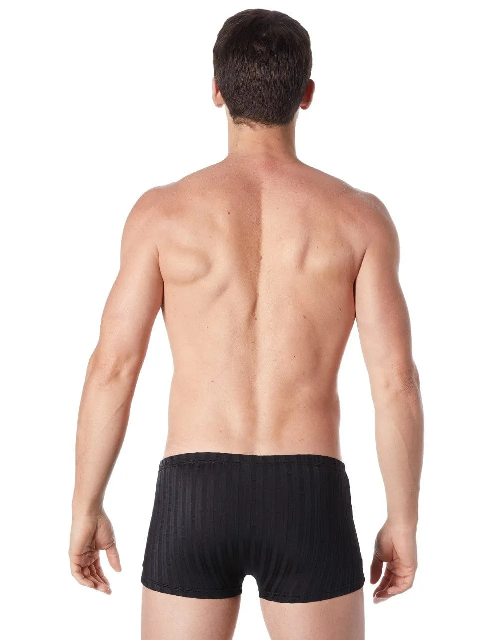 Boxer noir rayé homme, tissu doux extensible, coupe ajustée, finition mate brillante, élégance moderne.