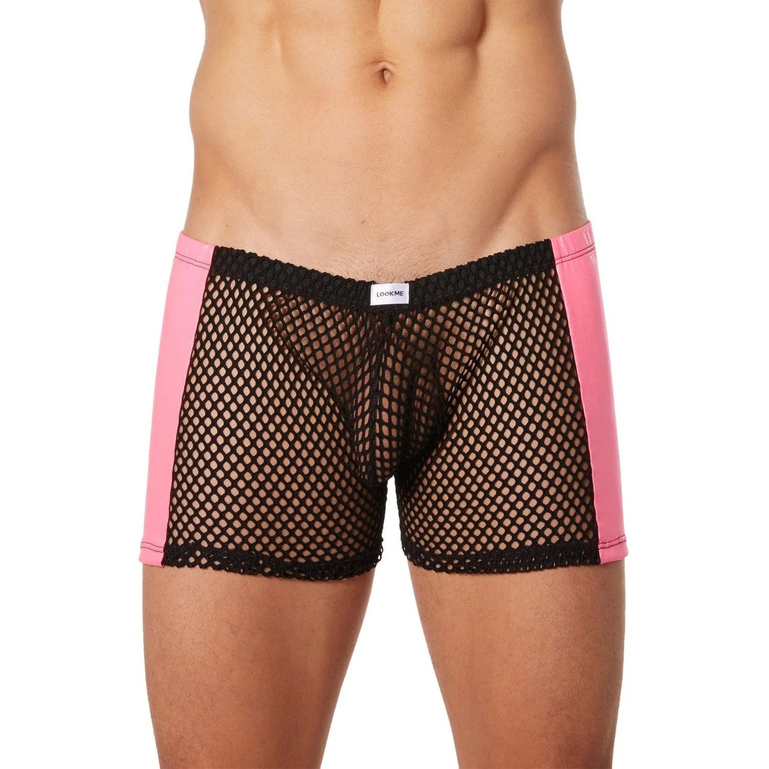 boxer noir sexy homme filet simili cuir rose respirant élégant sensuel ajusté extensible nylon élasthanne confortable moulant audacieux moderne