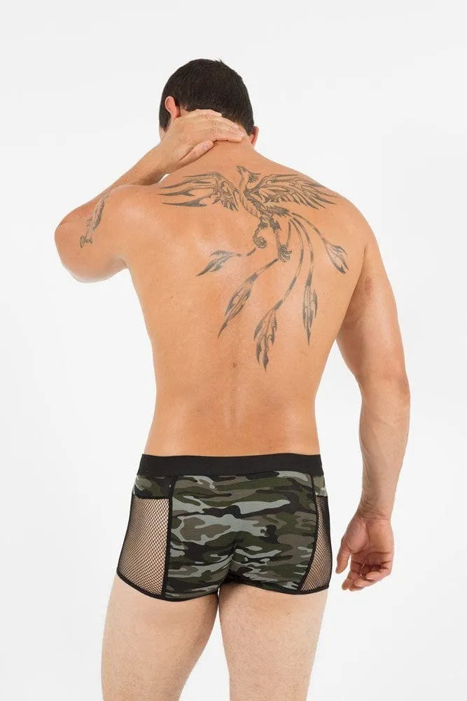 Boxer homme imprimé jungle semi-transparent, motif camouflage, tissu extensible, ceinture noire, style sexy et confortable.