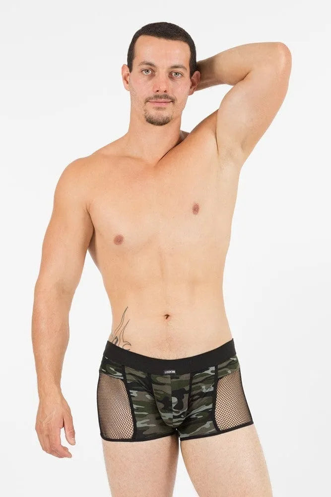 Boxer homme imprimé jungle vert semi-transparent, design sexy et confortable, en polyamide et élasthane.
