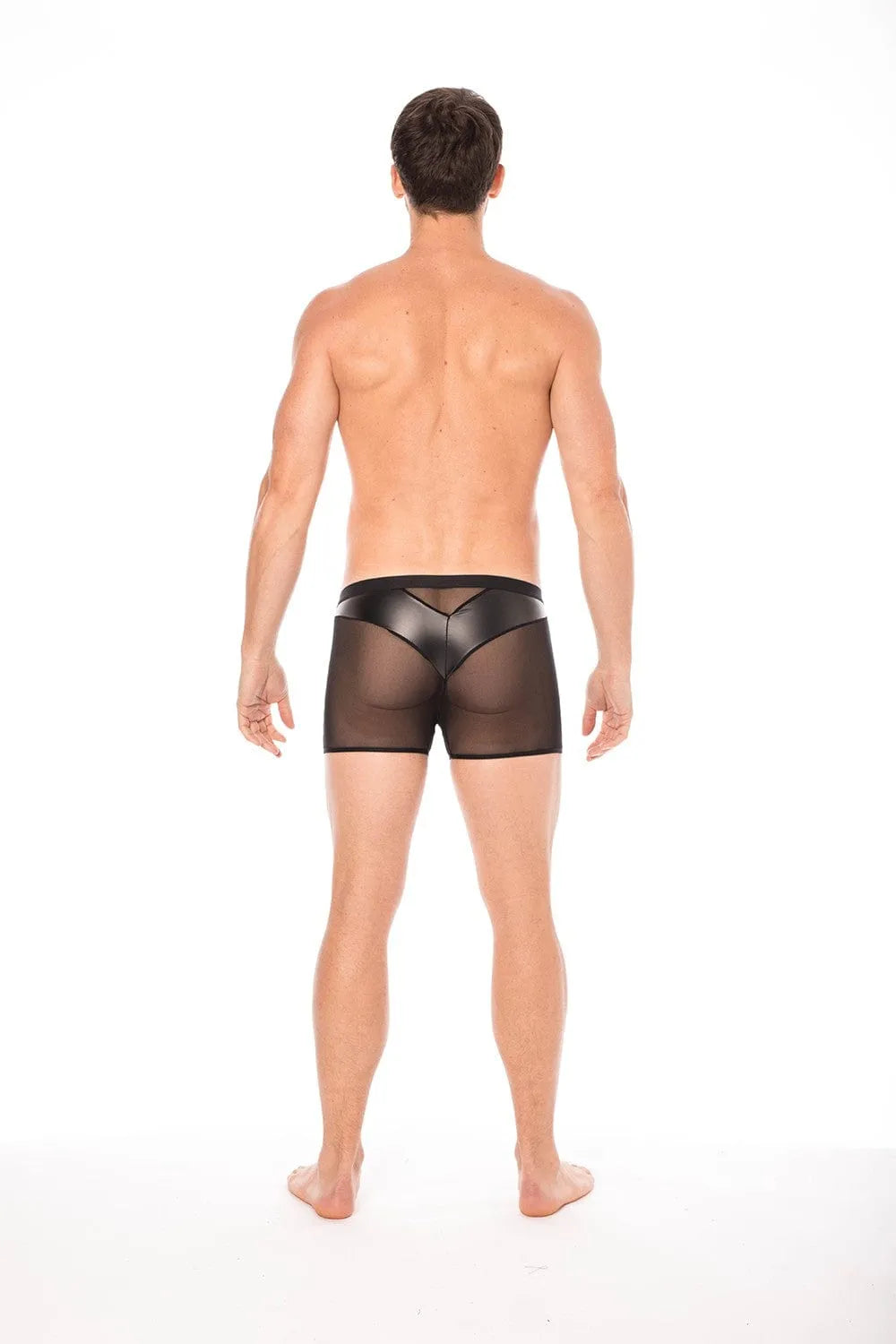 Boxer homme noir résille et simili cuir brillant, poche transparente arrière, ajusté et extensible, vue de dos.