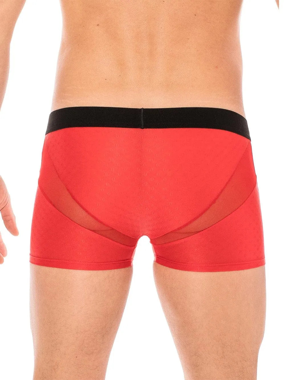 Boxer rouge homme LOOKME, ceinture élastique noire, résille transparente, coupe ajustée, tissu polyamide-spandex.