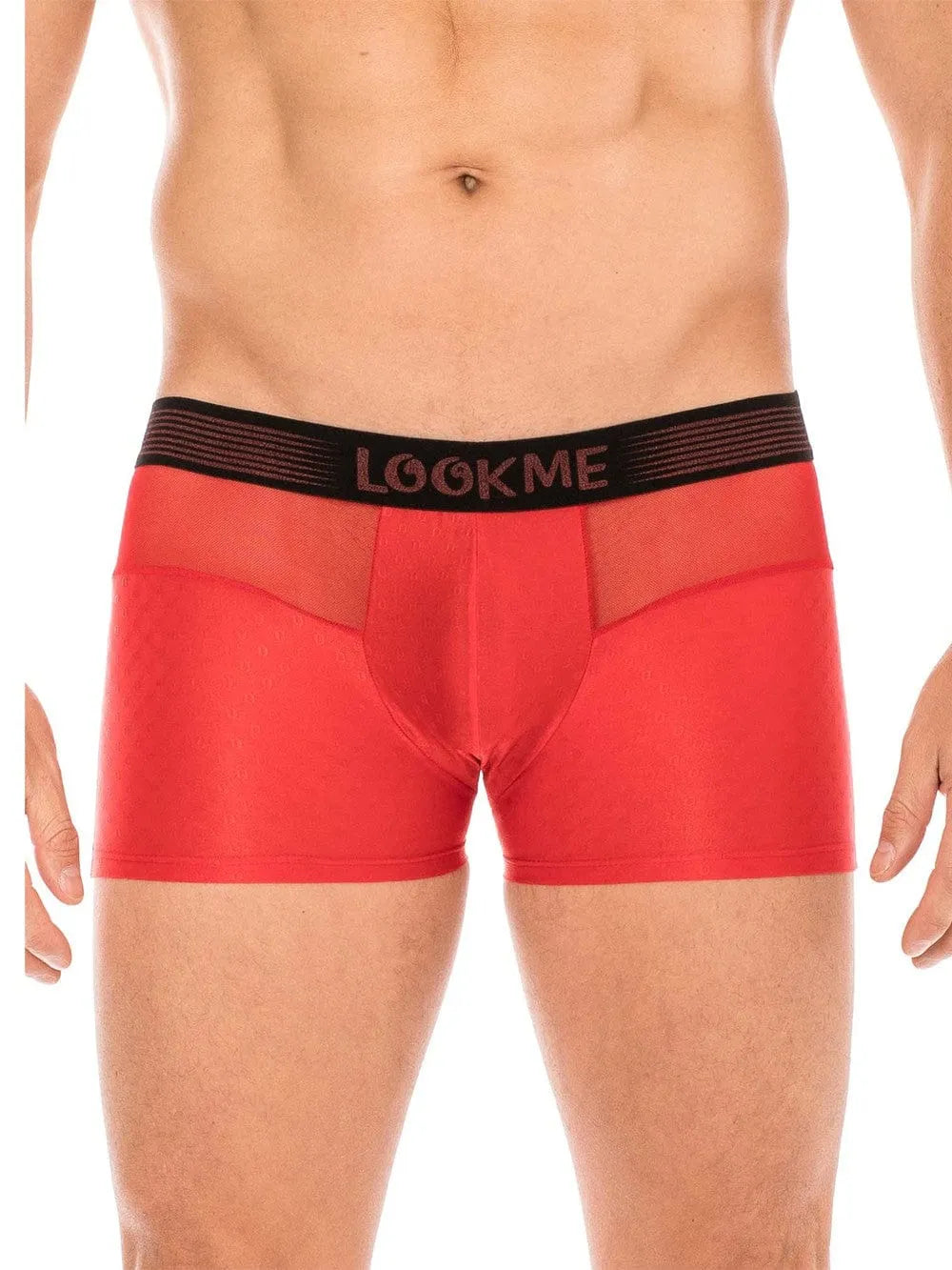 Boxer rouge homme LOOKME, ceinture élastique noire, résille transparente, coupe ajustée, style moderne et confortable.