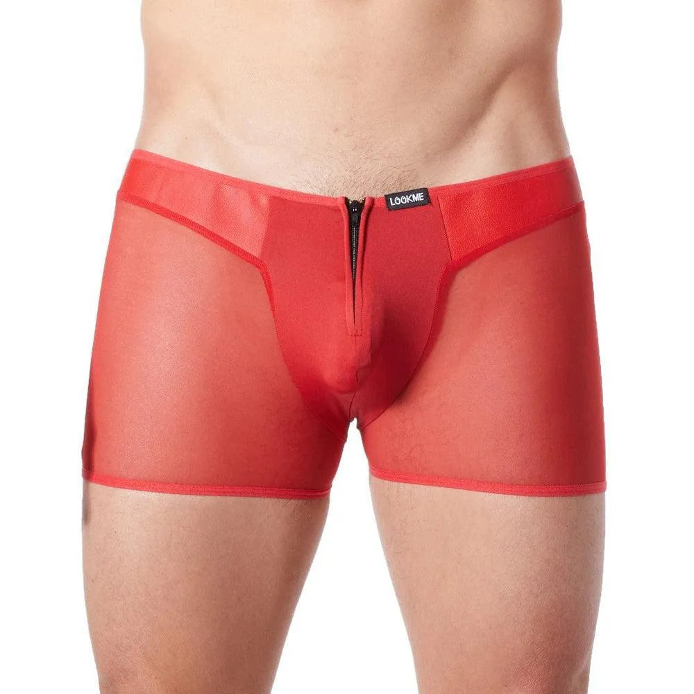 boxer rouge sexy maille transparente côtés imitation cuir fermeture éclair avant style string dos bande opaque polyester élasthanne
