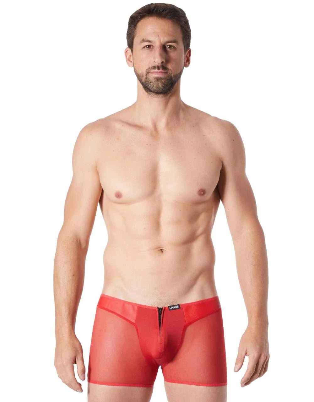 Boxer rouge sexy homme, maille transparente, côtés imitation cuir, fermeture éclair avant, style string dos, élégant.