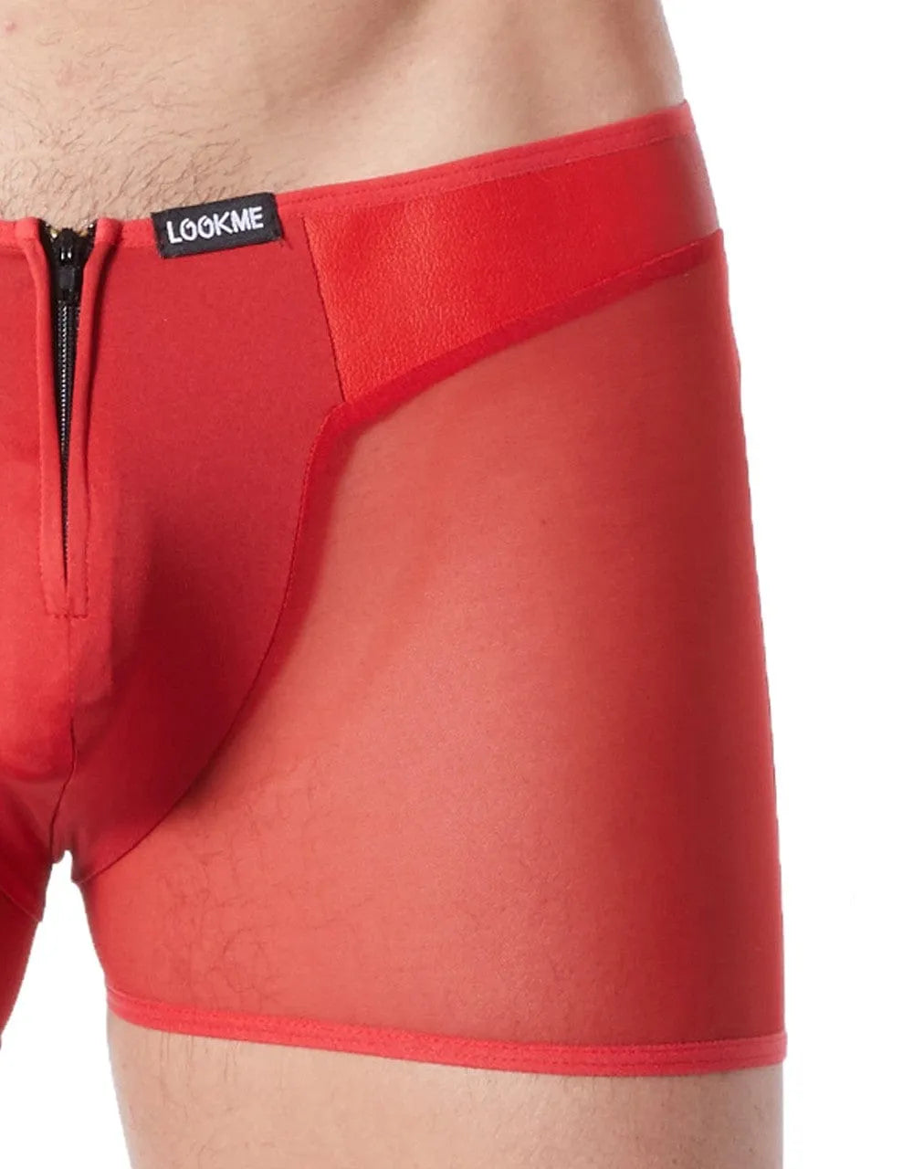 Boxer rouge sexy en maille transparente, côtés imitation cuir, fermeture éclair avant, style string dos, homme.
