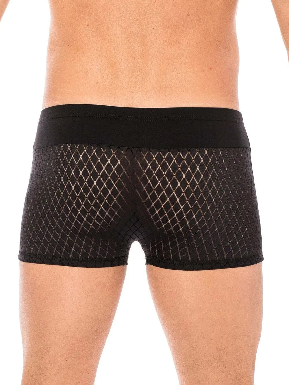 Boxer noir élégant avec ceinture large, tissu ajouré losange, polyamide élasthanne, chic et confortable pour homme.