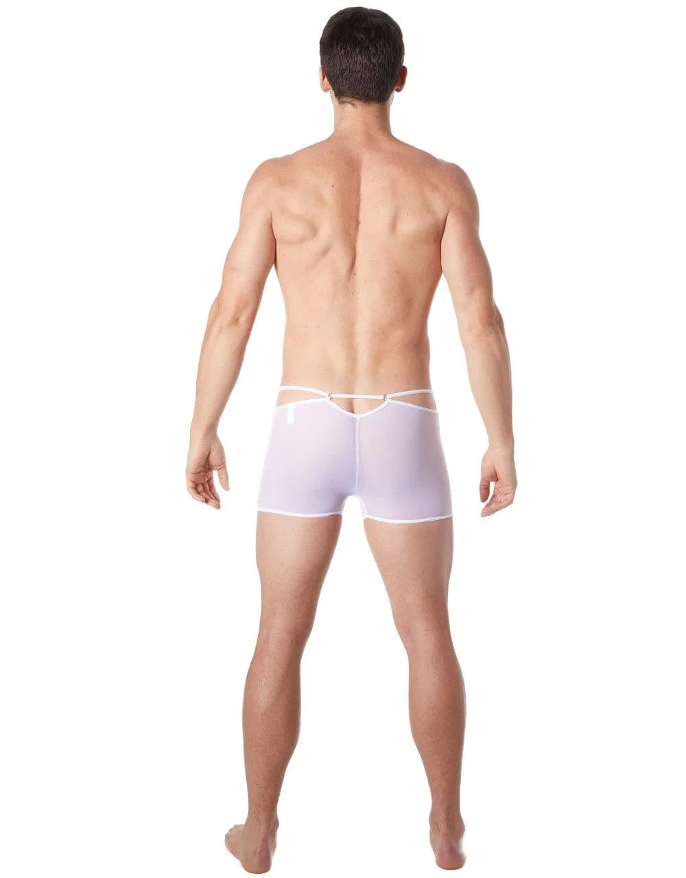 Boxer blanc homme, tissu brillant, moulant, maille fine transparente, élégant et confortable, vue arrière.