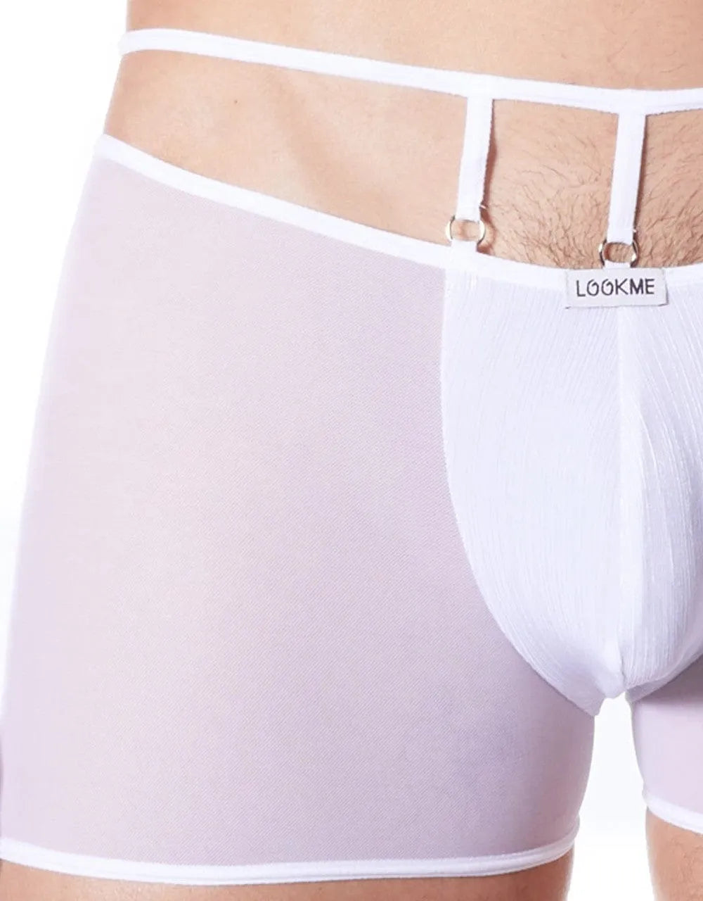 Boxer homme blanc brillant, moulant, maille fine transparente, élégant et confortable, style glamour et raffiné.