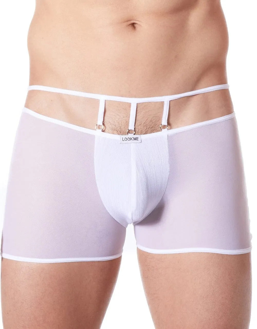 Boxer homme blanc brillant, moulant, maille fine transparente, élégant et confortable, style glamour et audacieux.