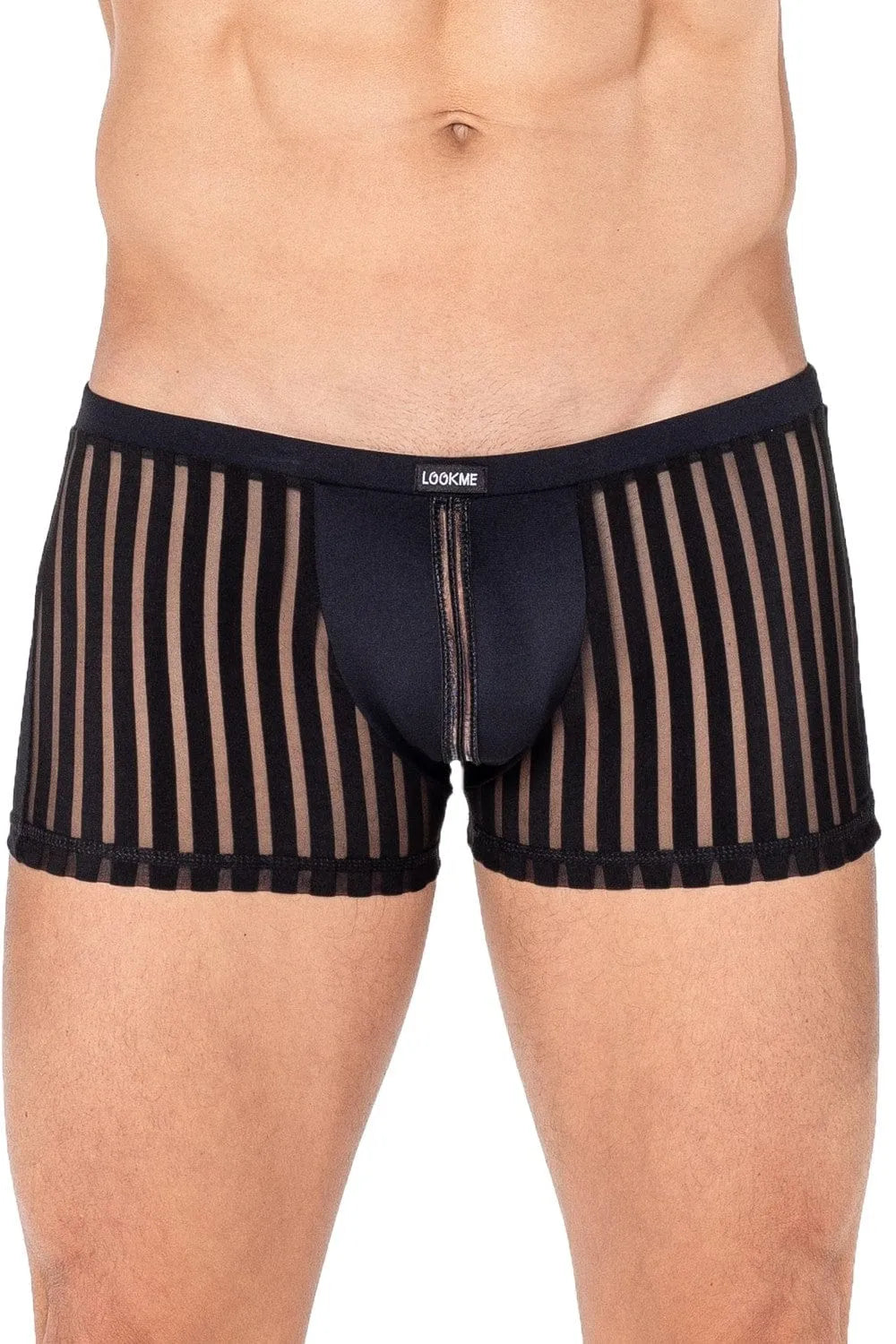 Boxer noir homme résille bandes verticales devant, effet string arrière, coupe ajustée, LOOKME Biker, polyamide élasthanne.