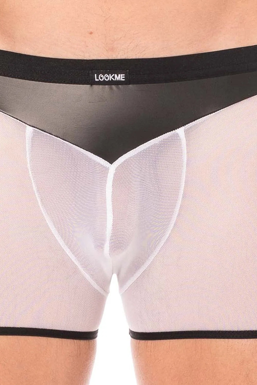 Boxer homme résille blanche, simili cuir noir brillant, poche avant transparente, style tendance et confortable.