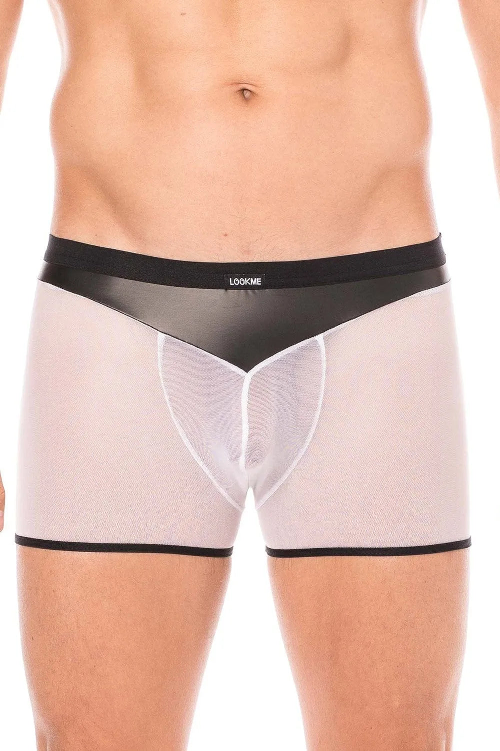 Boxer homme résille blanche, simili cuir noir brillant, poche avant transparente, style tendance et confortable.
