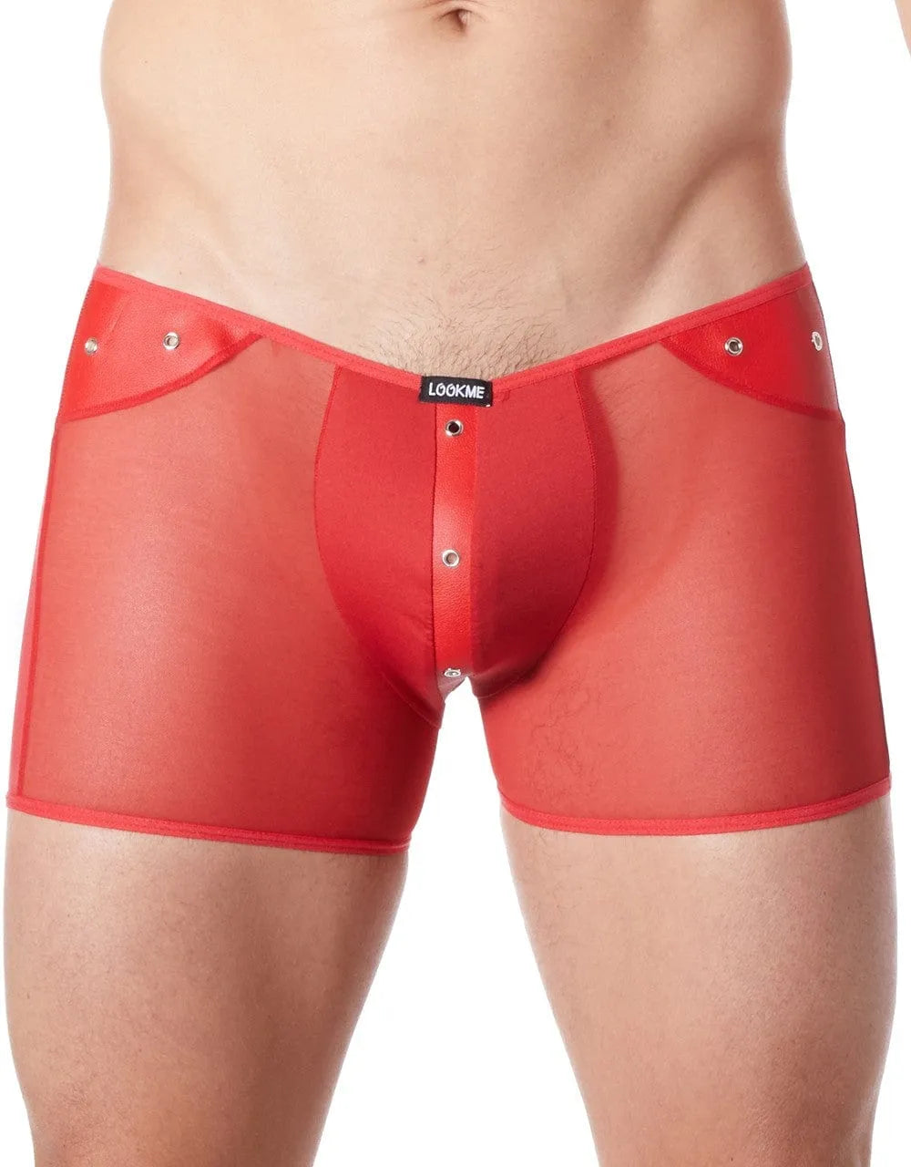 boxer rouge transparent maille fine bande verticale effet cuir anneaux métalliques hanches avant opaque confortable extensible ajustement homme