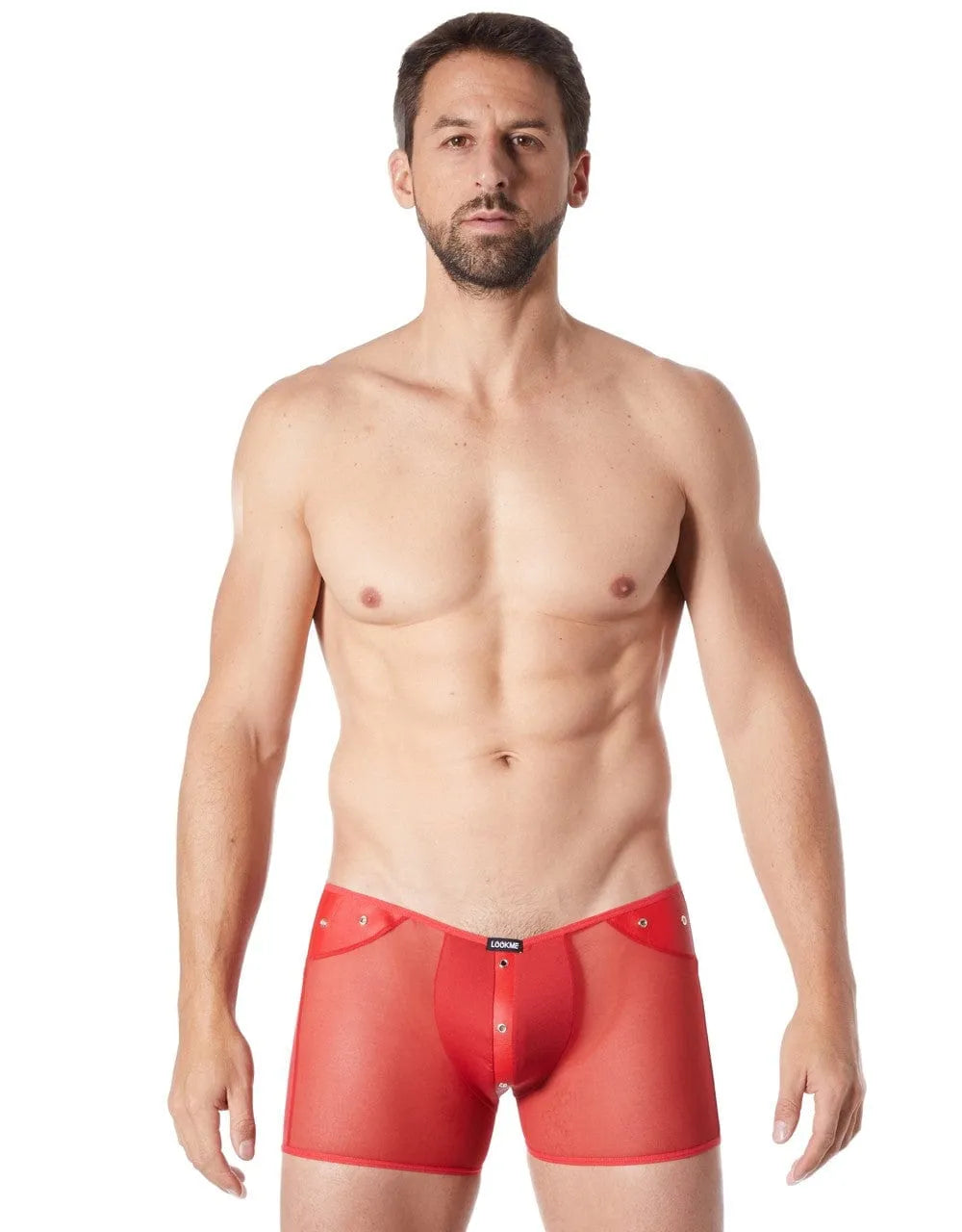Boxer rouge transparent homme, maille fine, bande verticale effet cuir, anneaux métalliques, avant opaque, ajusté.