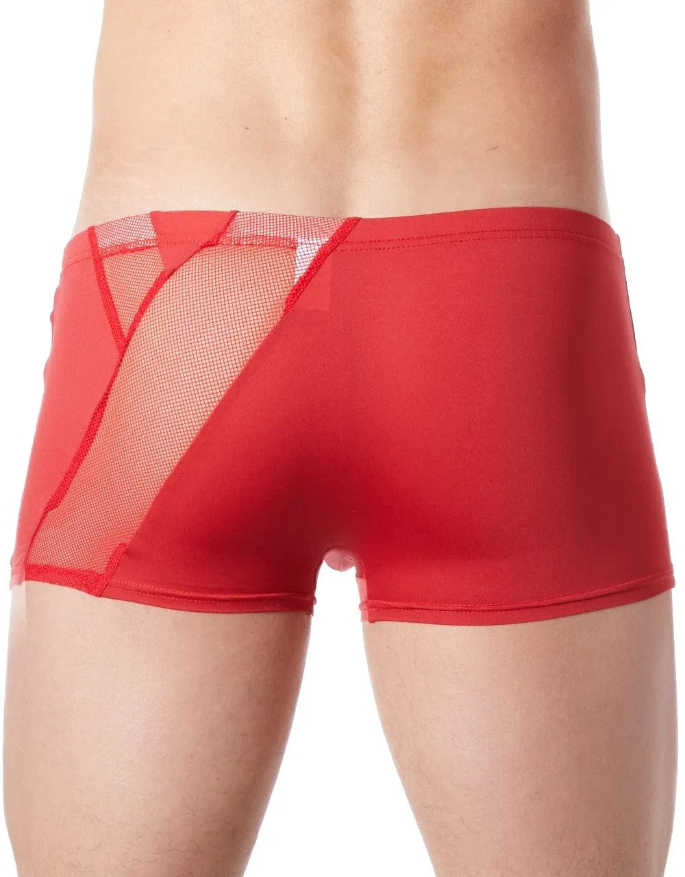 Boxer rouge satiné homme, résille transparente, zip décoratif, taille ajustée, tissu extensible, look sexy et moderne.
