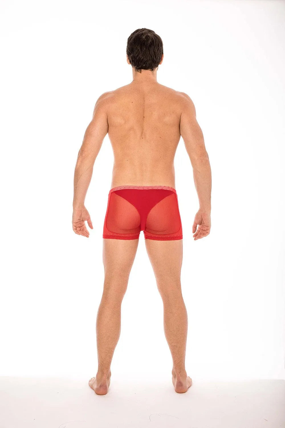 Boxer homme rouge transparent résille dentelle, élégant et sensuel, confortable et extensible, en polyamide et spandex.