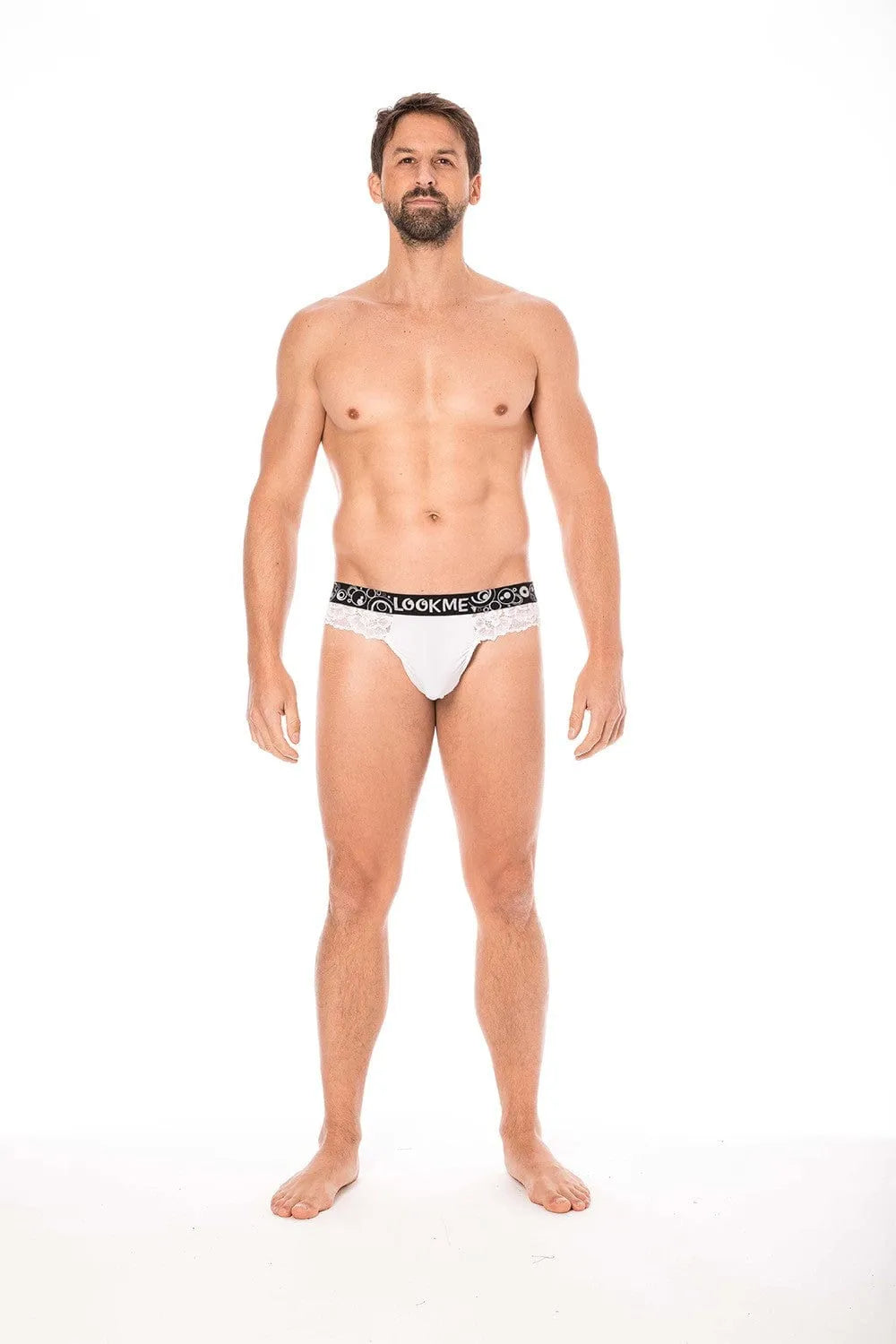 Boxer string homme blanc dentelle florale, poche opaque, maintien affinant, confort polyester élasthanne, style sensuel.