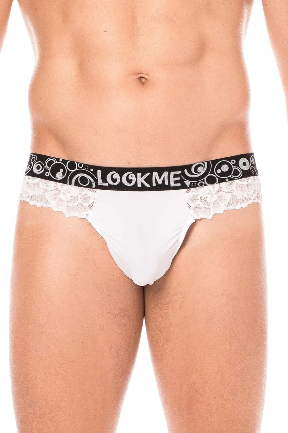 Boxer string homme blanc en dentelle florale, poche opaque, ceinture noire, confort extensible, style sensuel et raffiné.