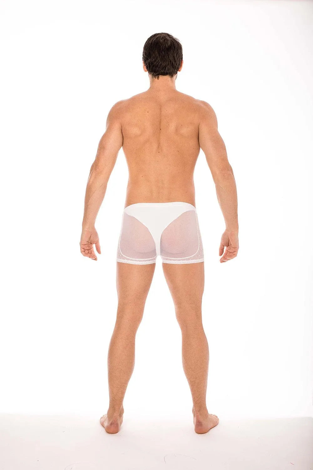 Boxer transparent homme blanc résille dentelle, coupe ajustée, élégant et confortable, polyamide et élasthanne.